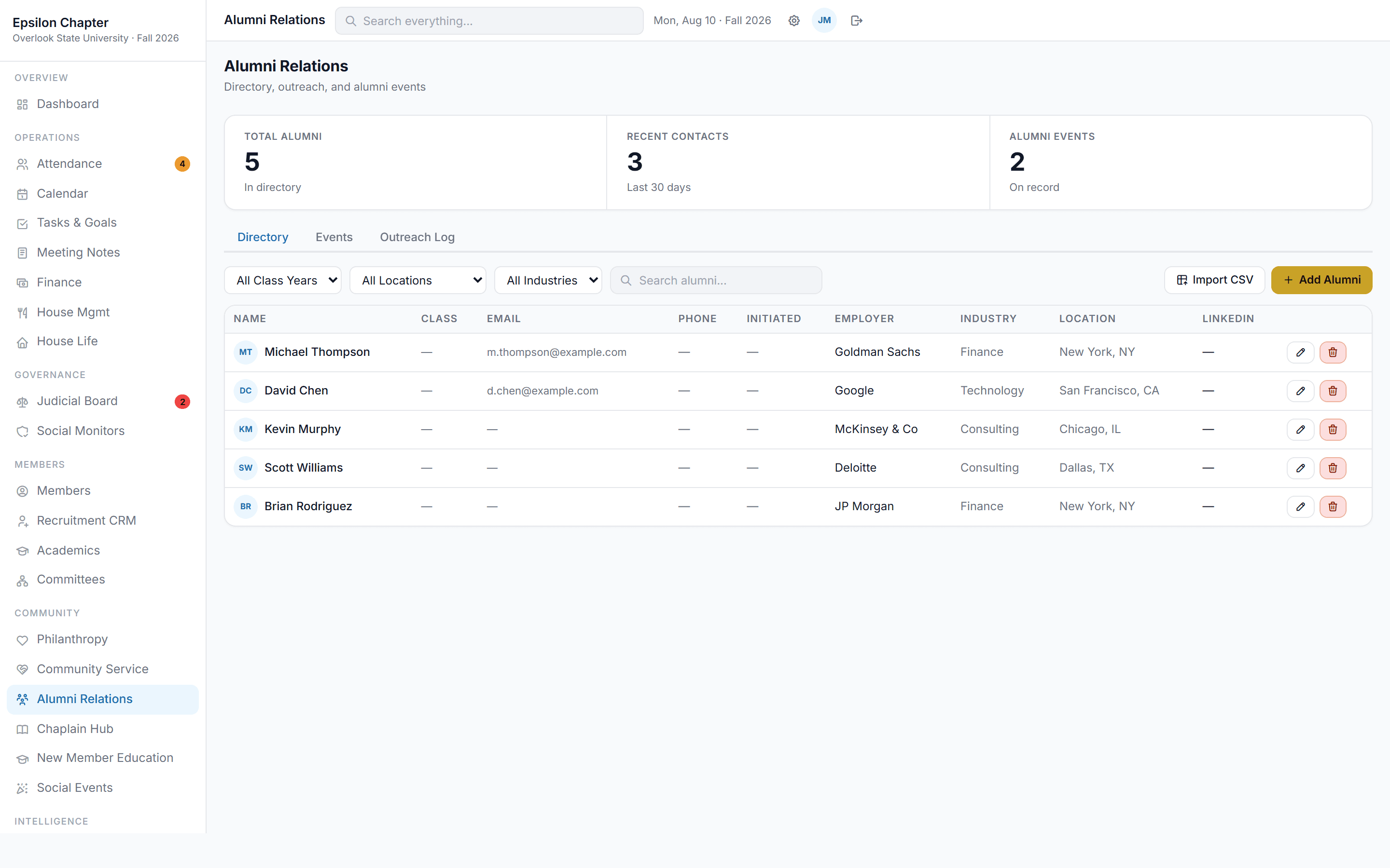 Alumni Relations directory with employer, industry, and location filters