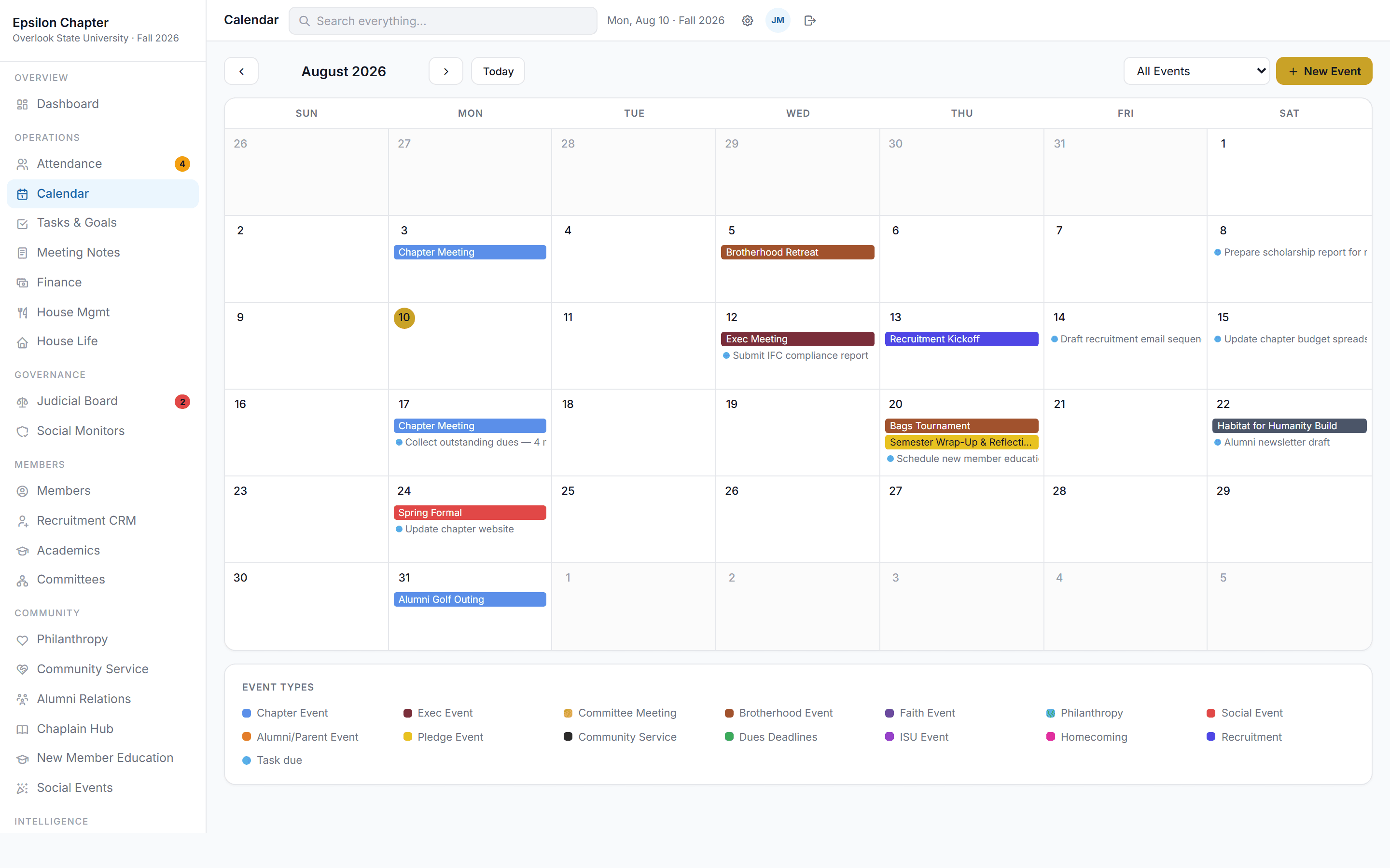 Chapter calendar showing color-coded event types across a month view