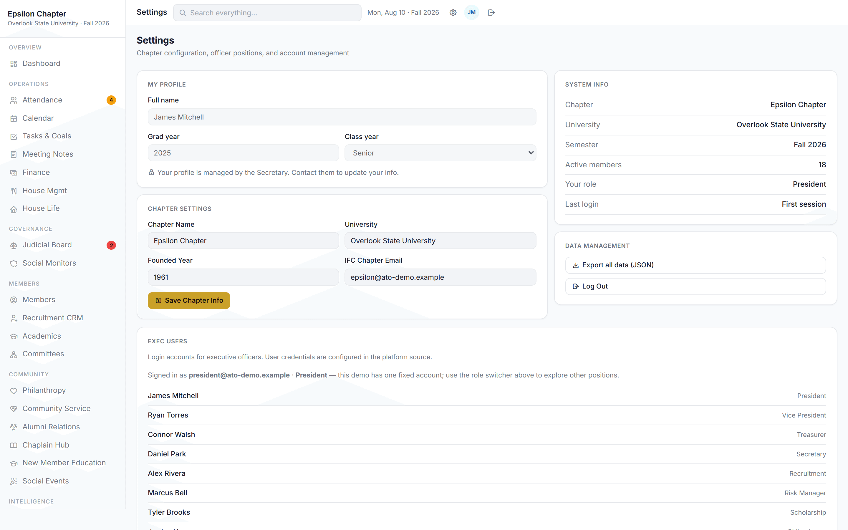 Chapter Settings with profile, chapter configuration, and exec user list