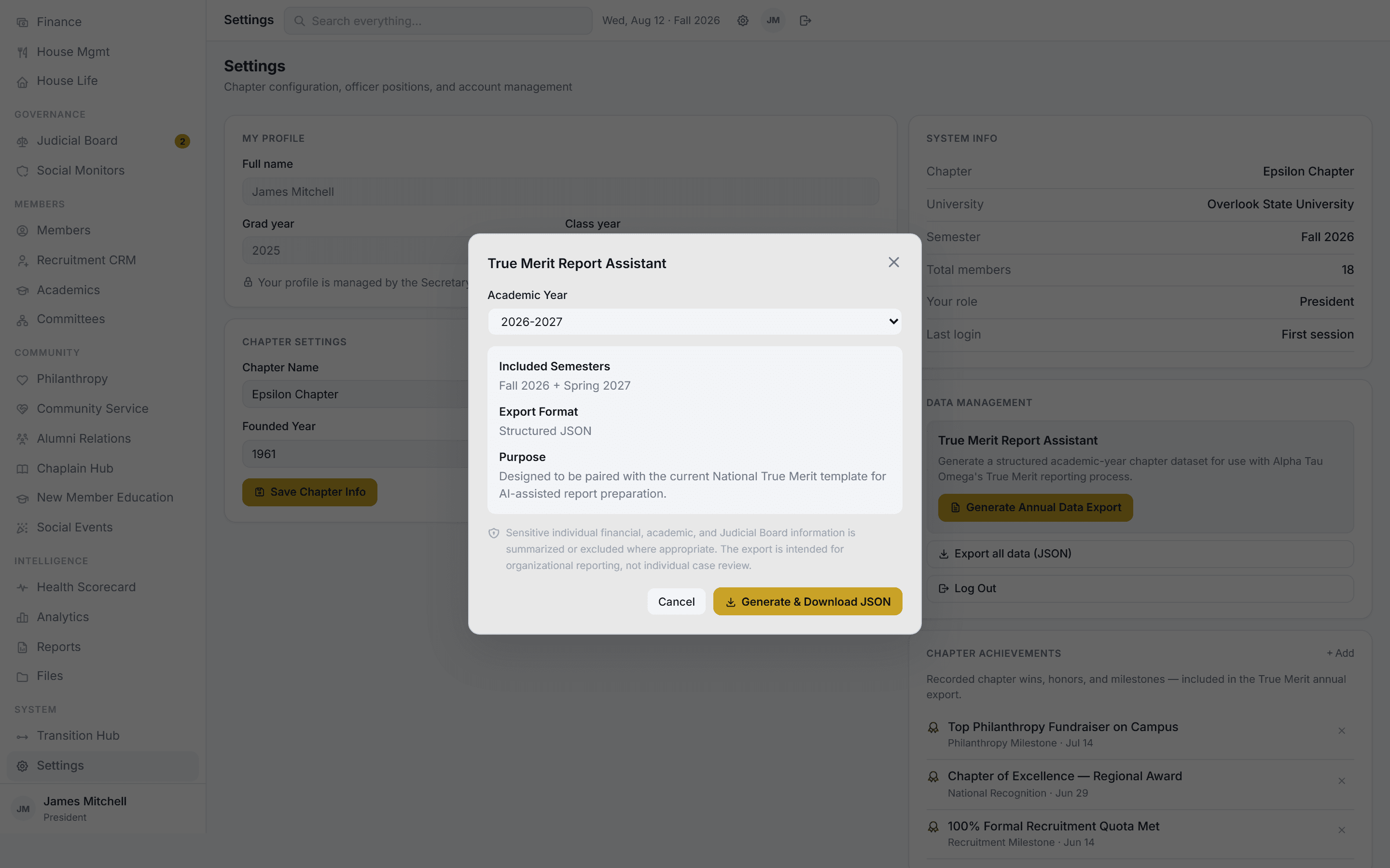 True Merit Report Assistant showing academic year selection, included semesters, and export details